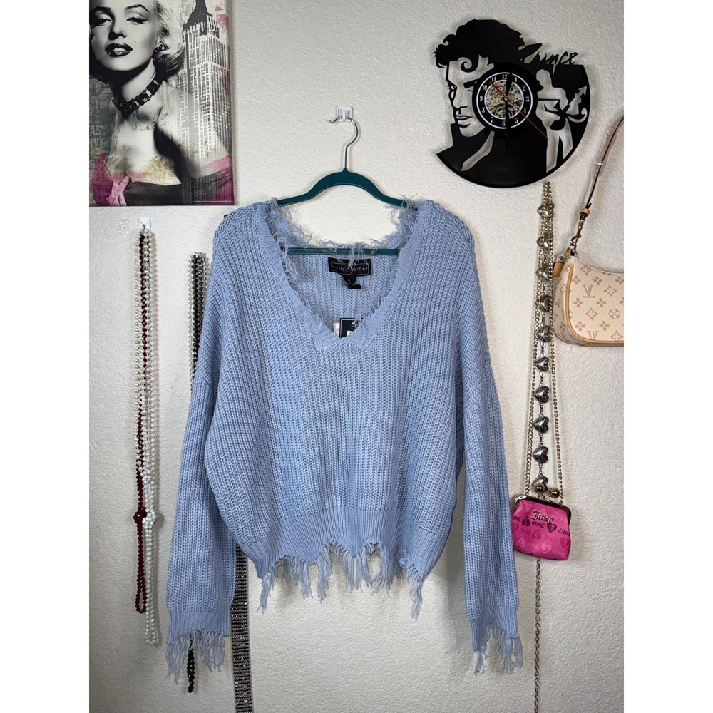 NWT Polly & Esther Light Blue Distressed Fringe V Neck Chunky Knit Sweater XL